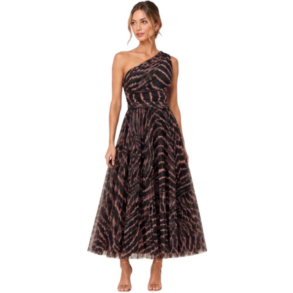 NEW HUTCH Helena One-Shoulder
Zebra Tulle Midi Dress Black/ Peach Size 2 NWT